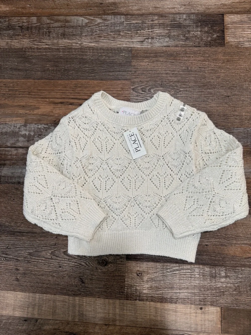 The Children's Place Girls 4 Cream Openwork Glimmer Crewneck Sweater